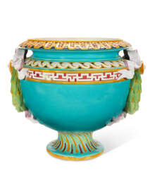 A MINTONS MAJOLICA TURQUOISE-GROUND JARDINIERE