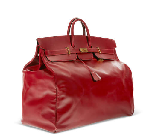 A PERSONALIZED ROUGE H CALF BOX LEATHER HAC BIRKIN 60 WITH GOLD HARDWARE - Foto 2