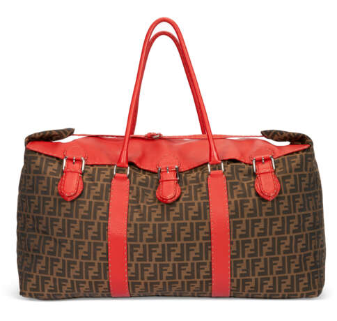 A RED LEATHER & BROWN MONOGRAM CANVAS OVERSIZED TRAVEL BAG WITH SILVER HARDWARE - photo 1