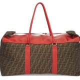 A RED LEATHER & BROWN MONOGRAM CANVAS OVERSIZED TRAVEL BAG WITH SILVER HARDWARE - фото 2