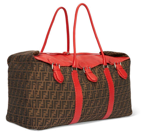 A RED LEATHER & BROWN MONOGRAM CANVAS OVERSIZED TRAVEL BAG WITH SILVER HARDWARE - photo 3