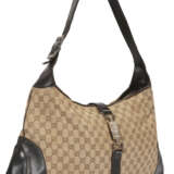 A BROWN MONOGRAM CANVAS & BLACK LEATHER OVERSIZED JACKIE BAG WITH SILVER HARDWARE - Foto 3