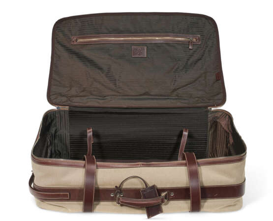 A PAIR OF BROWN CANVAS & LEATHER SOFTSIDED ROLLING SUITCASES - фото 7