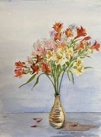 Цветы в золотой вазе Watercolor paper Watercolor Realism цветы в вазе Kazakhstan 2022 - photo 1