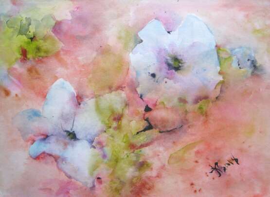 “White petunias. Flowerbed” Paper Watercolor Impressionist Landscape painting 2018 - photo 1