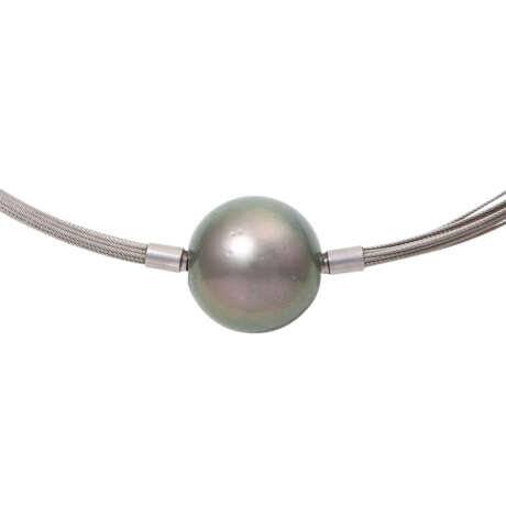 Multi-row steel necklace with a Tahiti cultured pearl as a change lock, - photo 2