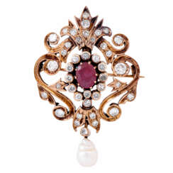 Pendant/brooch with ruby, diamonds and drop pearl,