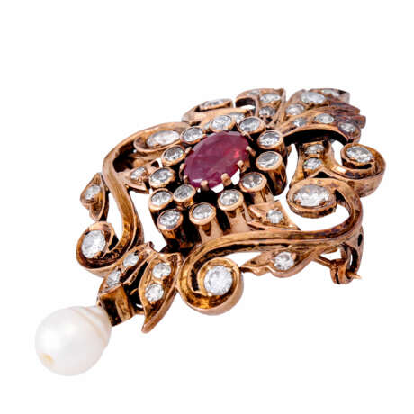 Pendant/brooch with ruby, diamonds and drop pearl, - photo 2