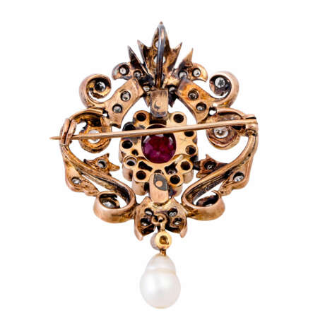 Pendant/brooch with ruby, diamonds and drop pearl, - фото 3
