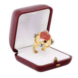 Ring with round faceted fire opal and 12 diamonds total ca. 0,36 ct, - photo 2