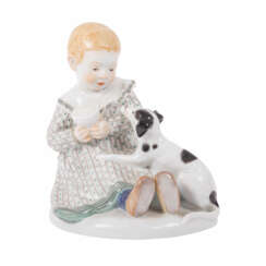 MEISSEN "Sitting child with dog and milk cup".