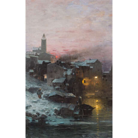 LERTINANT, ALFRED (XIX) "Sunset over a snowy village". - Foto 1