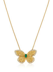 VAN CLEEF & ARPELS COLORED DIAMOND, DIAMOND AND EMERALD BUTTERFLY PENDANT NECKLACE-BROOCH
