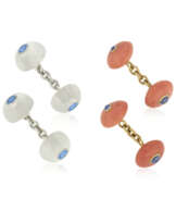 NO RESERVE | TRIANON TWO PAIRS OF CORAL, MOONSTONE AND SAPPHIRE CUFFLINKS