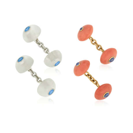 NO RESERVE | TRIANON TWO PAIRS OF CORAL, MOONSTONE AND SAPPHIRE CUFFLINKS - фото 1