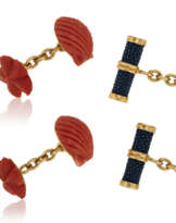 NO RESERVE | TRIANON TWO PAIRS OF CORAL AND SHAGREEN CUFFLINKS
