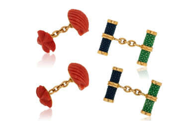 NO RESERVE | TRIANON TWO PAIRS OF CORAL AND SHAGREEN CUFFLINKS