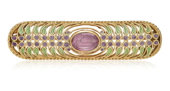 NO RESERVE | TIFFANY & CO., LOUIS COMFORT TIFFANY COLORED SAPPHIRE AND ENAMEL BROOCH - фото 1