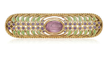 NO RESERVE | TIFFANY & CO., LOUIS COMFORT TIFFANY COLORED SAPPHIRE AND ENAMEL BROOCH