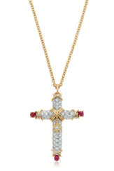 NO RESERVE | TIFFANY & CO., JEAN SCHLUMBERGER RUBY AND DIAMOND CROSS PENDANT AND TIFFANY & CO. GOLD CHAIN