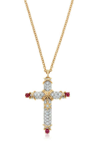 NO RESERVE | TIFFANY & CO., JEAN SCHLUMBERGER RUBY AND DIAMOND CROSS PENDANT AND TIFFANY & CO. GOLD CHAIN - фото 1