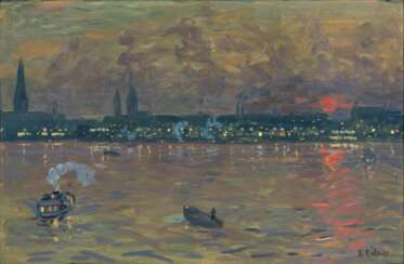Ernst Eitner (Hamburg 1867 - Hamburg 1955). Sonnenuntergang über der Binnenalster.