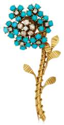 VAN CLEEF & ARPELS TURQUOISE, DIAMOND AND GOLD FLOWER BROOCH