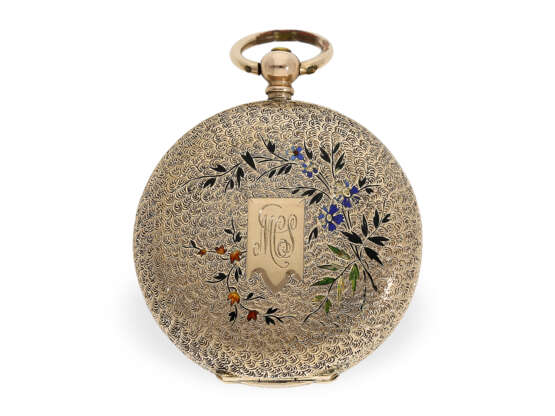 Taschenuhr: goldene Damenuhr mit besonders schönem Zifferblatt mit Emaillemalerei, ca. 1880 - Foto 5