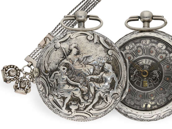 Taschenuhr: große englische Repoussé Doppelgehäuse-Spindeluhr mit Chatelaine, Leekey London, HM 1772 - Foto 1