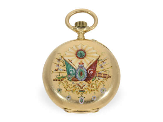 Extrem seltene Gold/Emaille-Taschenuhr mit Wappen des Hauses Osman und 2. Zeitzone, osmanische Präsentuhr um 1890 - photo 5