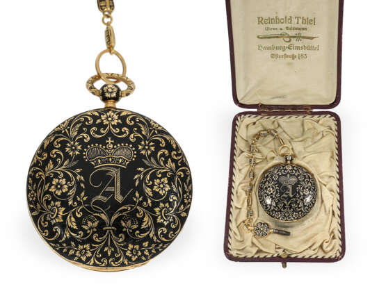 Taschenuhr: Gold/Emaille-Lepine mit seltener Trauerdekoration, mit Originalkette und Schlüssel - Foto 1