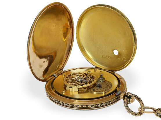 Taschenuhr: Gold/Emaille-Lepine mit seltener Trauerdekoration, mit Originalkette und Schlüssel - photo 4