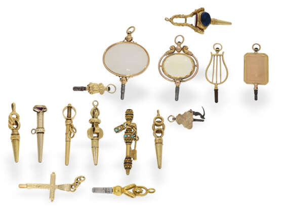 Uhrenschlüssel: kleine Sammlung seltener goldener Spindeluhrenschlüssel, ca. 1780-1850 - фото 1