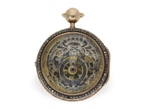 Taschenuhr: skelettierte Louis XV Spindeluhr mit Goldgehäuse, ca. 1770 - photo 3