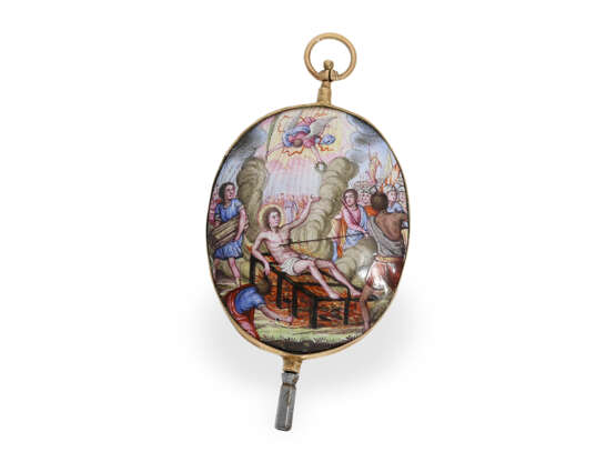 Musealer Emaille-Spindeluhrenschlüssel mit Heiligenbildnis, verm. 18. Jahrhundert - Foto 1