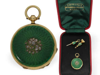 Taschenuhr: Gold/Emaille-Miniatur-Lepine mit Schlüssel und Petschaft, Originalbox Mellerio Paris