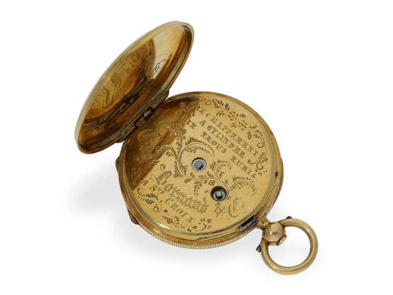 Taschenuhr: Gold/Emaille-Miniatur-Lepine mit Schlüssel und Petschaft, Originalbox Mellerio Paris - Foto 4