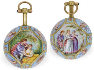 Formuhr/Anhängeuhr: einzigartige "Geneva Ball" Emailleuhr mit 18 Gemälden, ca.1810