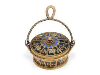 Anhängeuhr/Formuhr: extrem rare Gold/Emailleuhr in Form eines Korbes, Soret Geneve um 1810