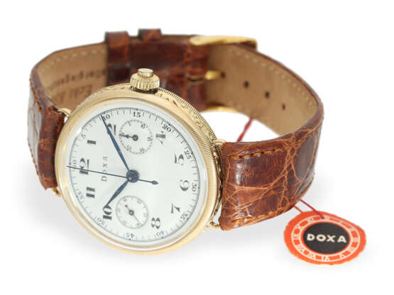 Armbanduhr: hoch attraktiver, früher, goldener "oversize" Doxa Kronendrücker-Chronograph mit Emaillezifferblatt, ca. 1925 - photo 4