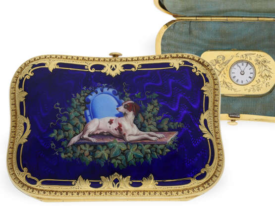 Box: Gold/Emaille-Box mit versteckter Uhr und Geldfach, Genf um 1840, Ausnahmequalität!!! - Foto 1