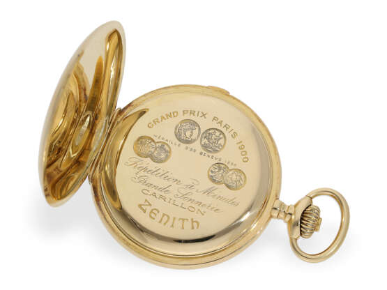 Taschenuhr: schwere, hochfeine 18K Zenith Goldsavonnette "Grande Sonnerie Carillon Minutenrepetition", ca.1900 - Foto 3