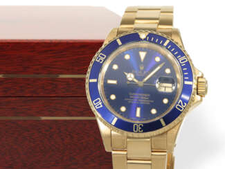 Armbanduhr: luxuriöse Rolex Submariner Date in Vollgold, REF. 16618, E-Serie, Sondermodell, LC100, Fullset