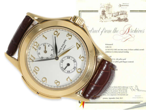 Armbanduhr: nahezu neuwertige, große Patek Philippe "CALATRAVA TRAVEL TIME" Ref.5134, mit Stammbuchauszug, Genf, 2002 - фото 1