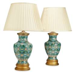 A PAIR OF CHINESE CLOISONNÉ ENAMEL TURQUOISE-GROUND VASES, MOUNTED AS LAMPS