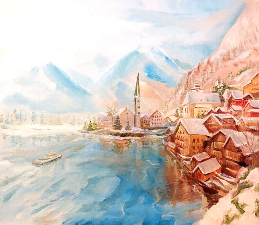 Hallstatt Austria in winter Canvas on cardboard Oil 20th Century Realism Cityscape Kazakhstan 2023 - photo 1