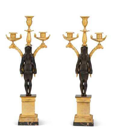 A PAIR OF CONSULAT ORMOLU AND PATINATED-BRONZE THREE-LIGHT CANDELABRA - фото 2