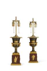 A PAIR OF FRENCH ORMOLU, PATINATED BRONZE AND ROUGE GRIOTTE MARBLE VASES, MOUNTED AS LAMPS