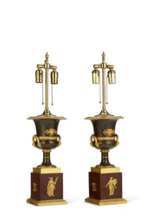 A PAIR OF FRENCH ORMOLU, PATINATED BRONZE AND ROUGE GRIOTTE MARBLE VASES, MOUNTED AS LAMPS - photo 2