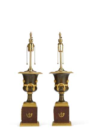 A PAIR OF FRENCH ORMOLU, PATINATED BRONZE AND ROUGE GRIOTTE MARBLE VASES, MOUNTED AS LAMPS - photo 3